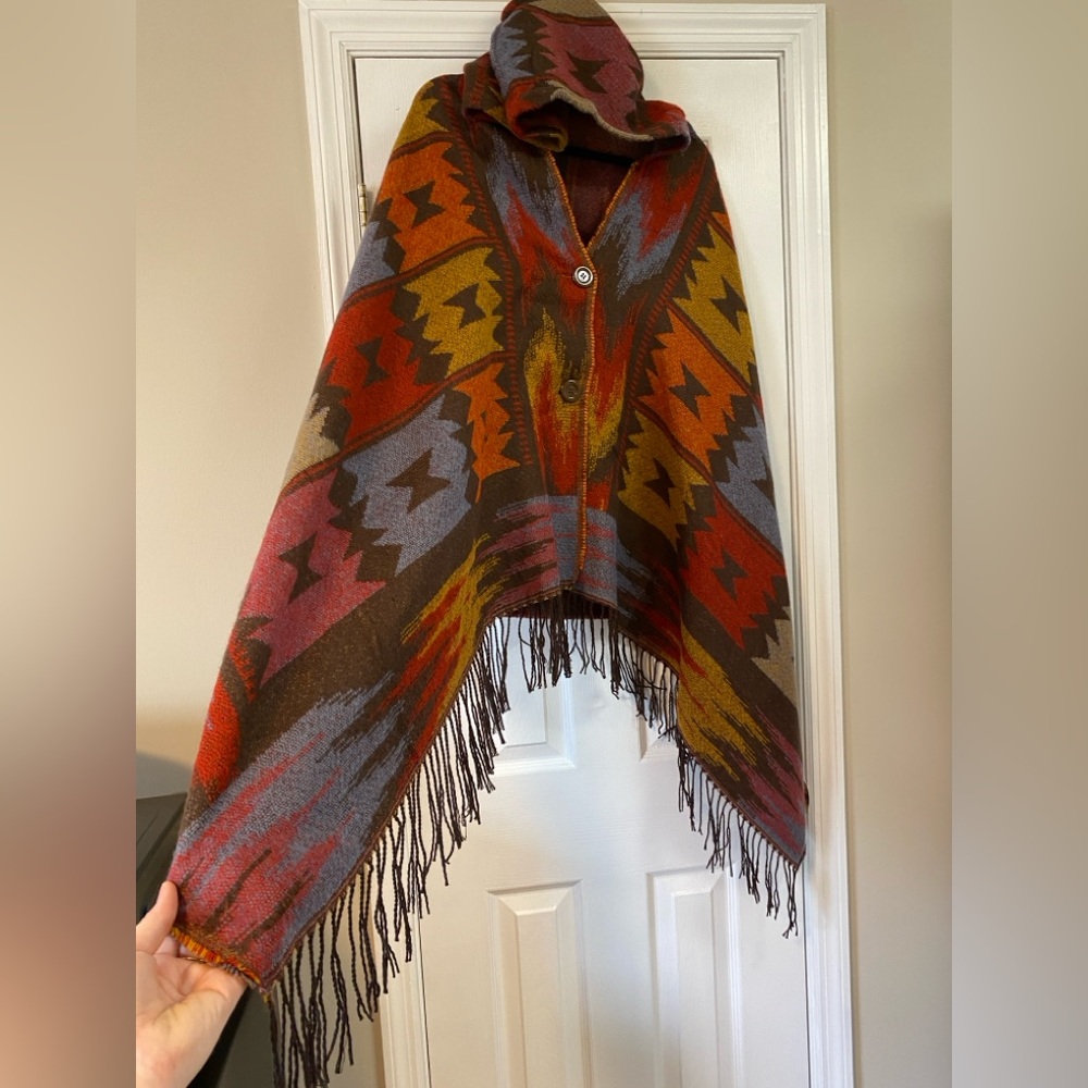Western Aztec Pattern Fringe Hooded Poncho:Rodeo/Boho/Hippie/Festival/Rave/Shawl